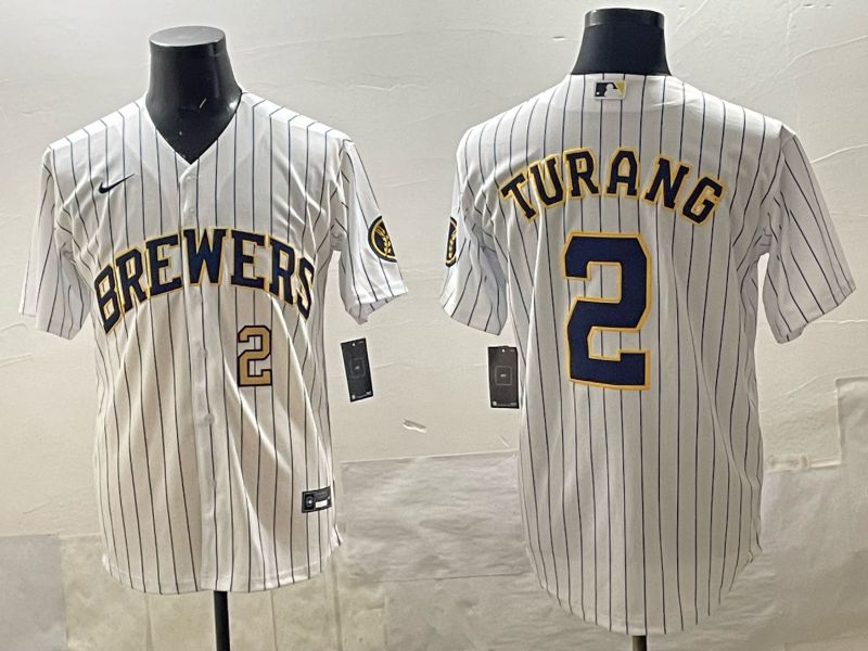 Men 2025 Milwaukee Brewers #2 Turang White Stripe 2025 Nike MLB Jersey 012->milwaukee brewers->MLB Jersey